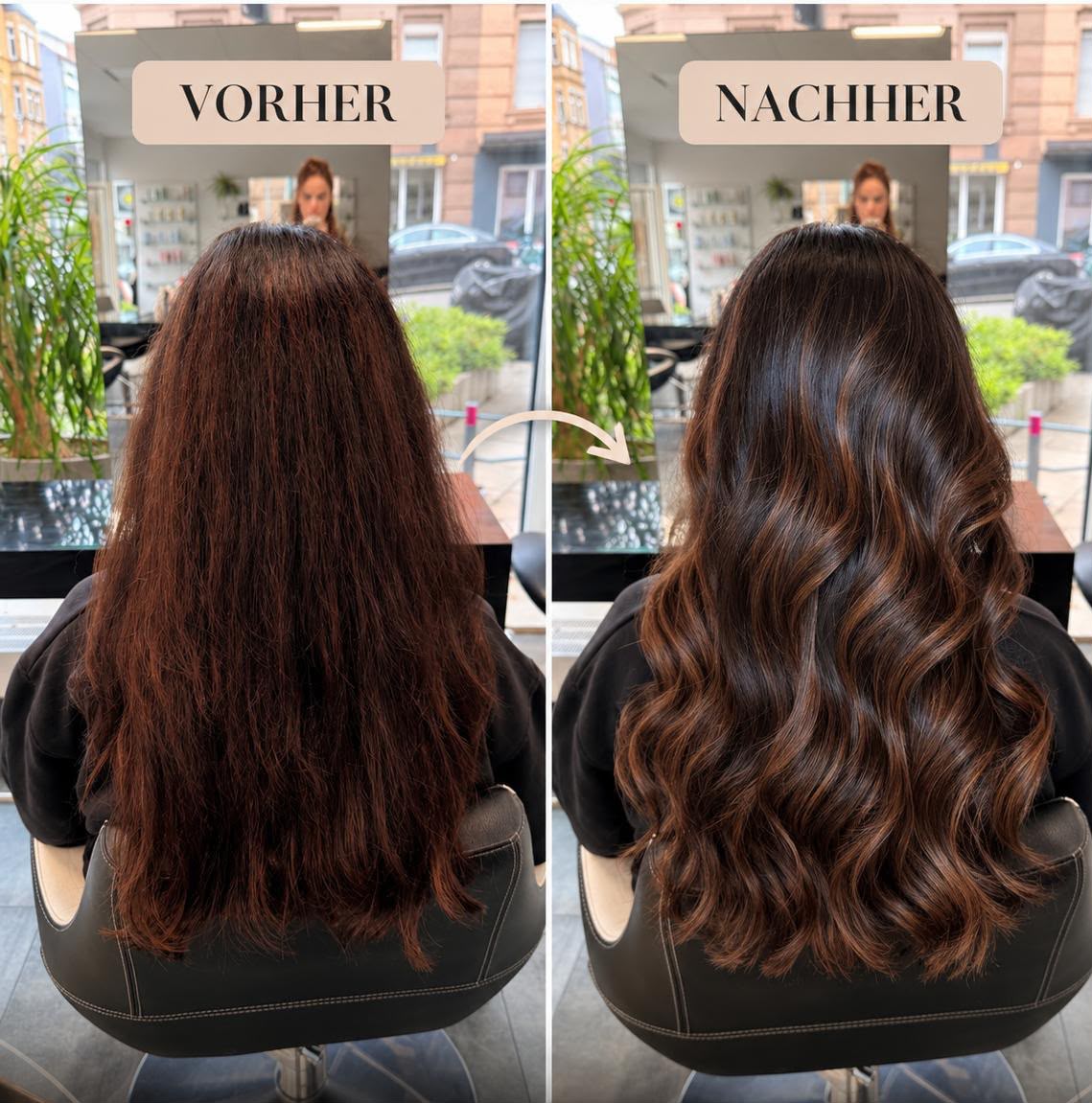 Vorher-Nachher Ergebnis einer Haarbehandlung